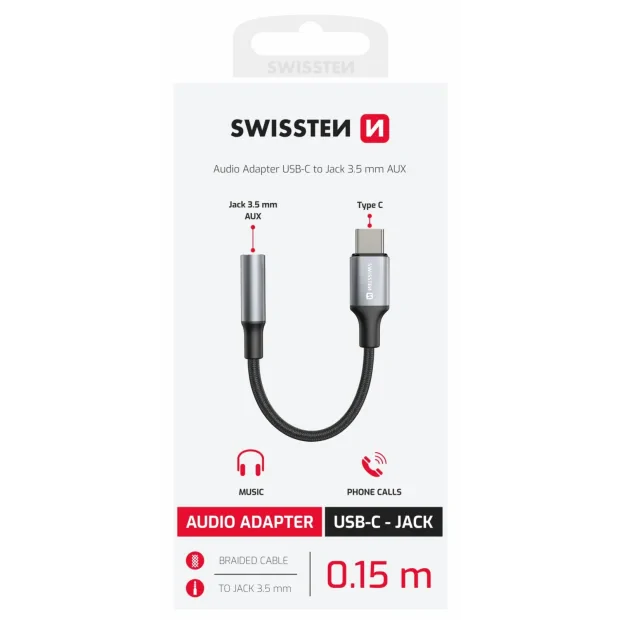 Adaptor Audio Swissten Usb-C la Jack 3.5mm 0.12m Negru/Gri