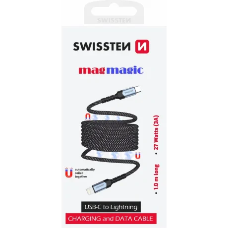 Cablu date Swissten Magnetic Self-Winding Usb-C/Lightning 1M Negru