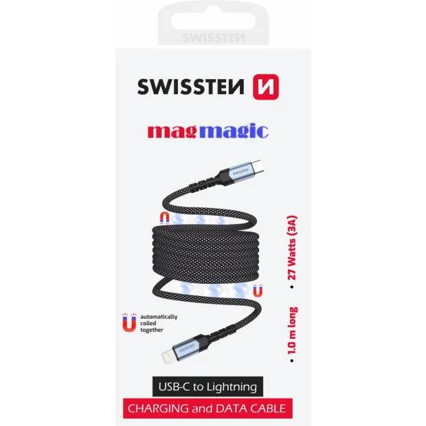 Cablu date Swissten Magnetic Self-Winding Usb-C/Lightning 1M Negru