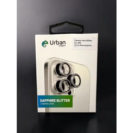 Folie Sticla Camera Glitter Urban Gadgets pentru iPhone 15/15 Plus Argintiu