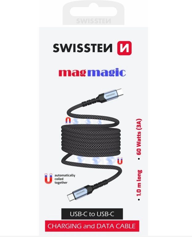 Cablu date Swissten Magnetic Self-Winding Usb-C/Usb-C 1m Negru thumb