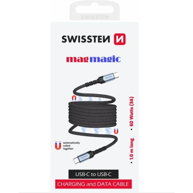Cablu date Swissten Magnetic Self-Winding Usb-C/Usb-C 1m Negru