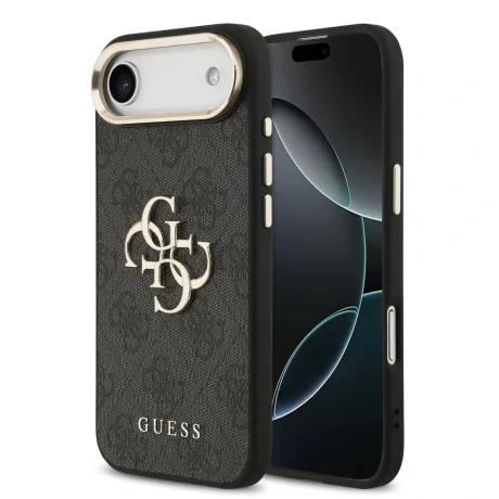 Husa Spate Guess Leather 4G Metal Logo Gold Frame pentru iPhone 17 Air Negru