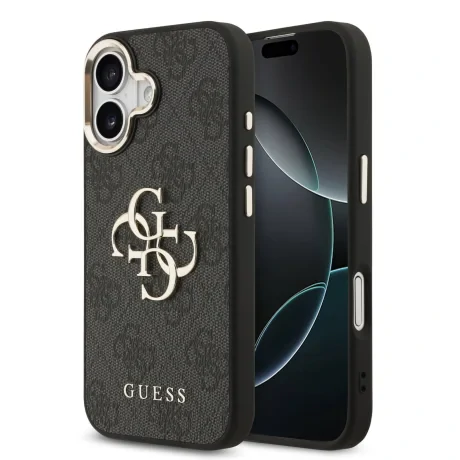 Husa Spate Guess Leather 4G Metal Logo Gold Frame pentru iPhone 17  Negru