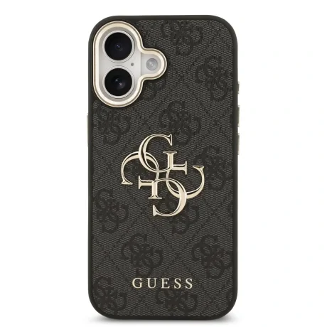 Husa Spate Guess Leather 4G Metal Logo Gold Frame pentru iPhone 17  Negru