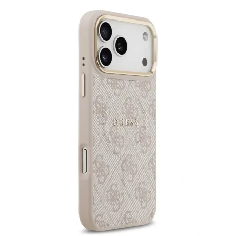 Husa Spate Guess PU Leather 4G Gold Frame MagSafe pentru iPhone 17 Pro Max  Roz