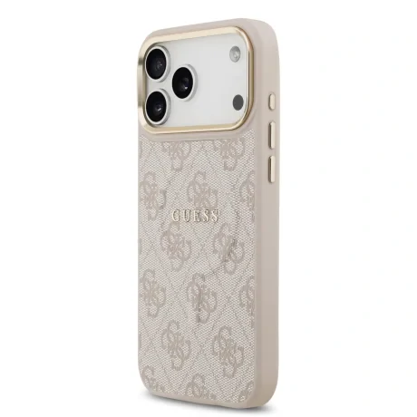 Husa Spate Guess PU Leather 4G Gold Frame MagSafe pentru iPhone 17 Pro Max  Roz