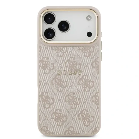 Husa Spate Guess PU Leather 4G Gold Frame MagSafe pentru iPhone 17 Pro Max  Roz