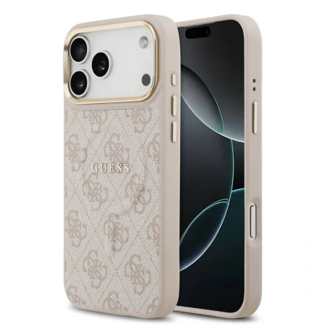 Husa Spate Guess PU Leather 4G Gold Frame MagSafe pentru iPhone 17 Pro Max  Roz