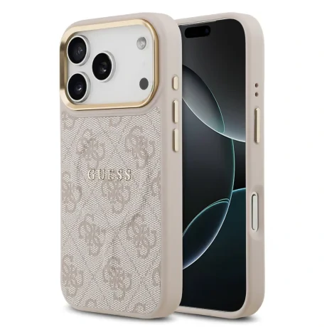Husa Spate Guess PU Leather 4G Gold Frame MagSafe pentru iPhone 17 Pro Roz