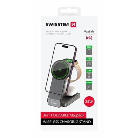 Suport Birou cu Incarcare Wireless 3in1 Swissten 25W compatibil MagSafe Negru