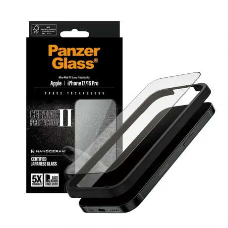 Folie Sticla Ceramic PanzerGlass UWF pentru iPhone 16 Pro/17 PG98539 Negru