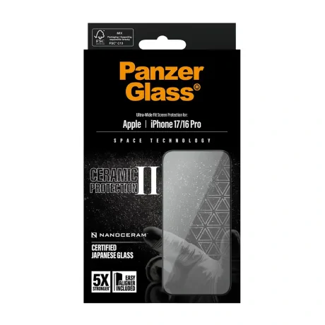 Folie Sticla Ceramic PanzerGlass UWF pentru iPhone 16 Pro/17 PG98539 Negru