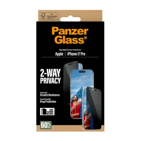 Folie Sticla Privacy PanzerGlass UWF pentru iPhone 17 Pro PG25586 Negru