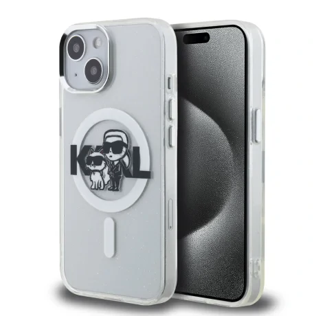 Husa Spate Karl Lagerfeld IML Glitter Karl and Choupette Sketch MagSafe pentru iPhone 15 Transparent