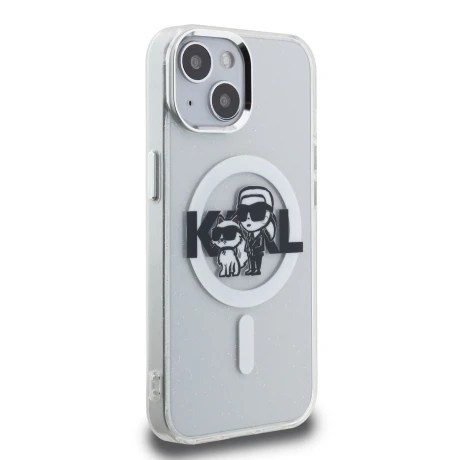Husa Spate Karl Lagerfeld IML Glitter Karl and Choupette Sketch MagSafe pentru iPhone 15 Transparent