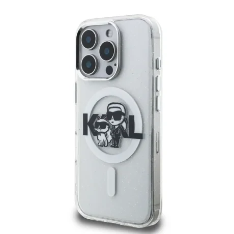 Husa Spate Karl Lagerfeld IML Glitter Karl and Choupette Sketch MagSafe pentru iPhone 16 Pro Transparent