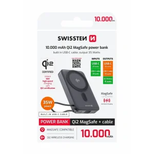 Baterie Externa Swissten 10000mAh MagSafeQi2 cu Cablu Usb-C Negru
