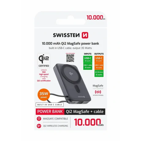 Baterie Externa Swissten 10000mAh MagSafeQi2 cu Cablu Usb-C Negru