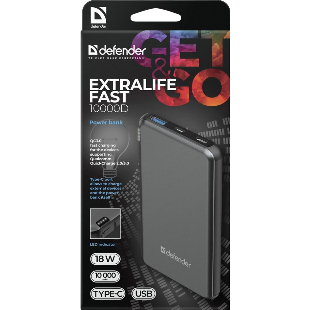 Baterie Externa Defender 10000mAh ExtraLife Fast QC 3.0 2xUsb 37W Negru thumb