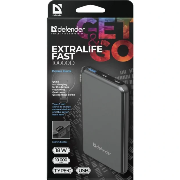 Baterie Externa Defender 10000mAh ExtraLife Fast QC 3.0 2xUsb 37W Negru