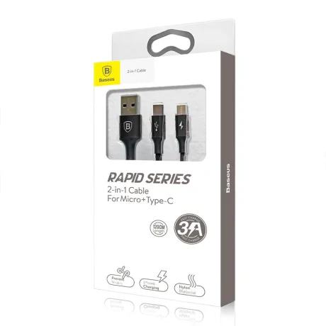 Cablu Date 2in1 Baseus  Micro Usb + Type C 3A 1.2m Negru