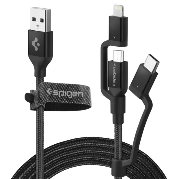 Cablu Date 3in1 Spigen C10i3 QC 3.0 1.5m Black
