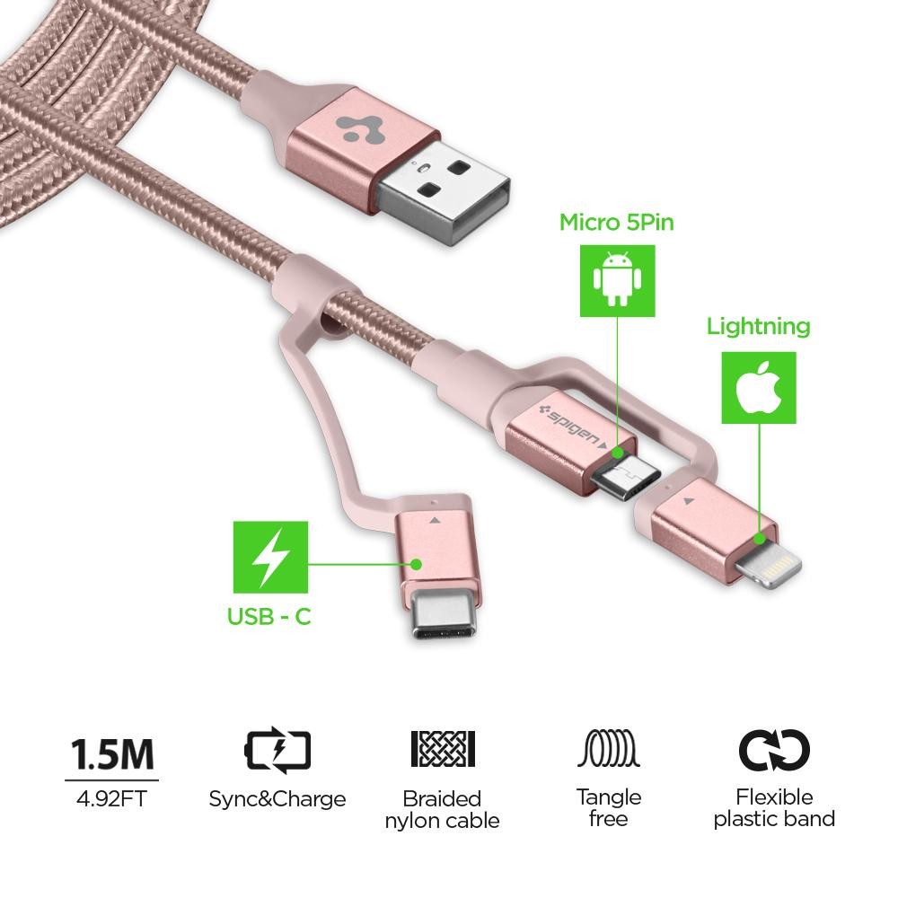 Cablu Date 3in1 Spigen C10i3 QC 3.0 1.5m Rose Gold thumb