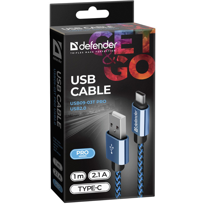 Cablu Date Type C Defender USB09-03T PRO USB2.0 2.1A 1m Albastru thumb