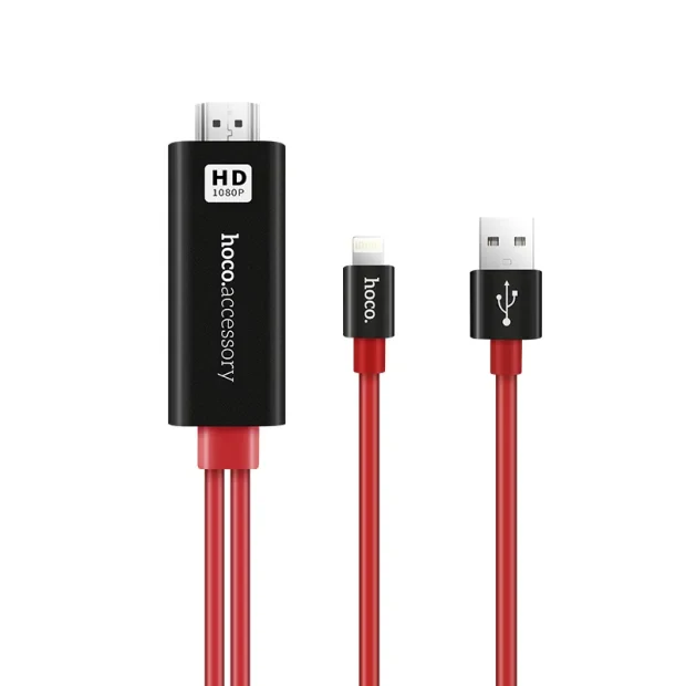 Cablu Lightning la HDMI UA4 Hoco 2m Negru-Rosu