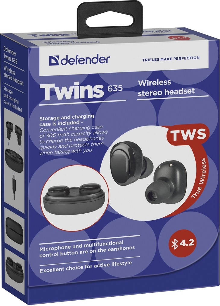 Casti Bluetooth Defender Twins 635 TWS Wireless BT 4.2 Negru thumb