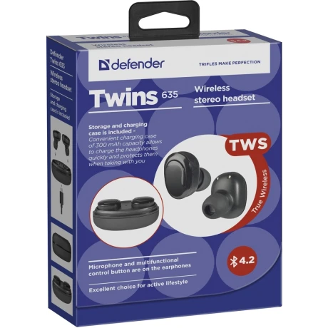 Casti Bluetooth Defender Twins 635 TWS Wireless BT 4.2 Negru