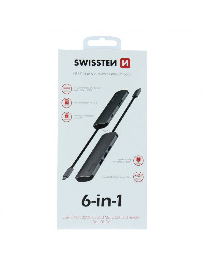 Hub Swissten 6in1 1XUSB-C PD 3XUSB 3.0 1XSD 1XMicro SD Aluminiu Gri thumb