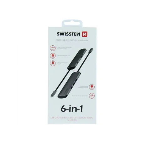 Hub Swissten 6in1 1XUSB-C PD 3XUSB 3.0 1XSD 1XMicro SD Aluminiu Gri