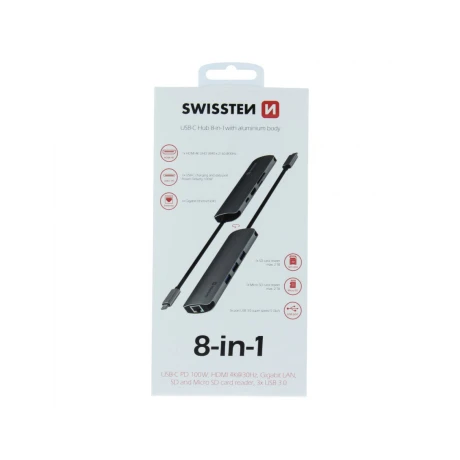 Hub Swissten 8in1 1XUSB-C PD 3XUSB 3.0 1XHDMI 4K 1XRJ45 1XSD 1XMicro SD Aluminiu Gri