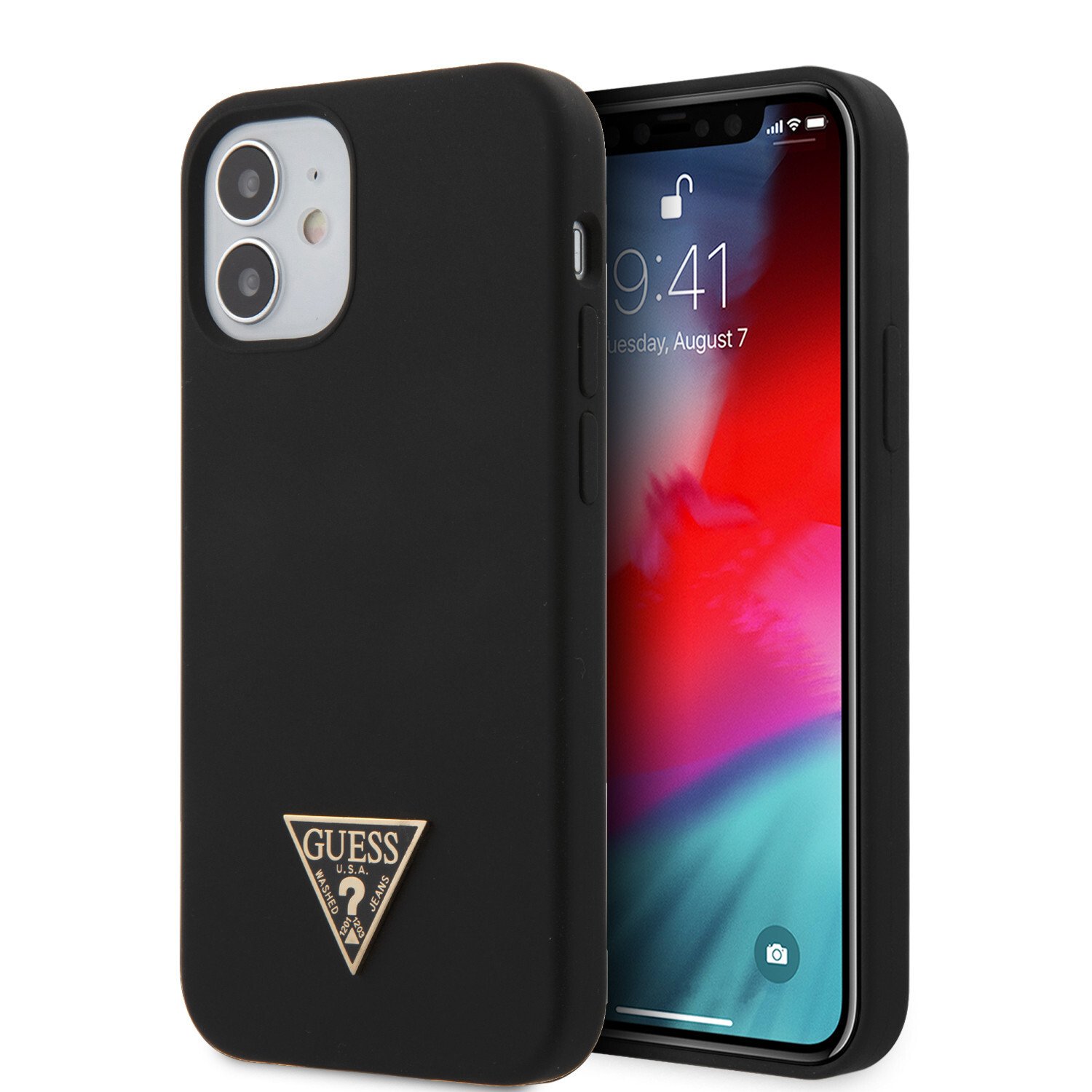 Husa Cover Guess Silicone Metal Triangle pentru iPhone 12 Mini Black thumb