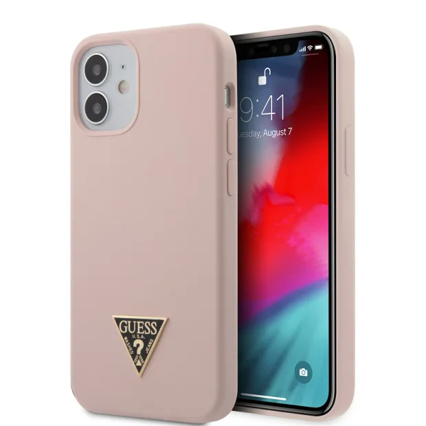 Husa Cover Guess Silicone Metal Triangle pentru iPhone 12 Mini Light Pink