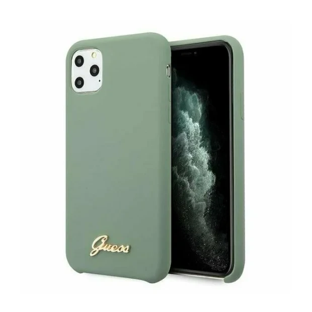 Husa Cover Guess Silicone pentru iPhone 11 Pro Max Vintage Gold Logo Kaki