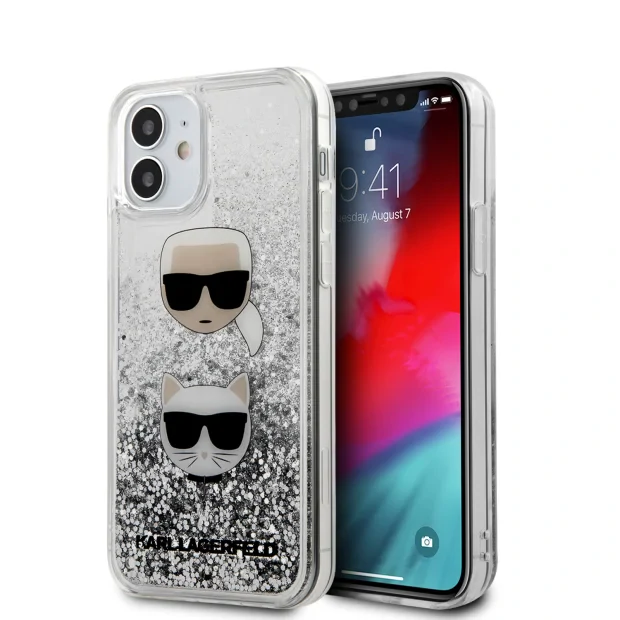 Husa Cover Karl Lagerfeld Glitter Liquid 2 Heads pentru iPhone 12 Mini Silver