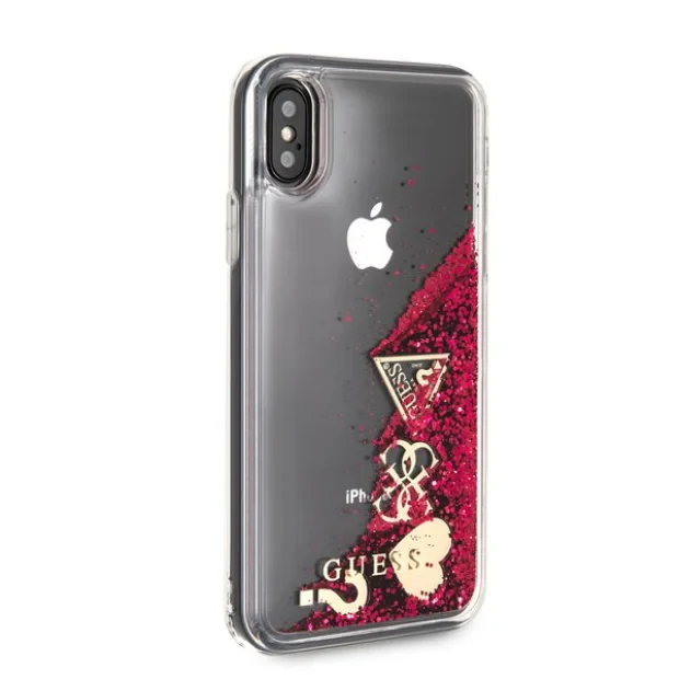 Husa Guess Liquid Glitter Hearts pentru iPhone X, Rapsberry