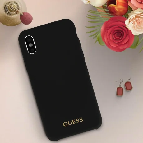Husa Guess Silicone Cover Gold Logo iPhone X/XS, Negru