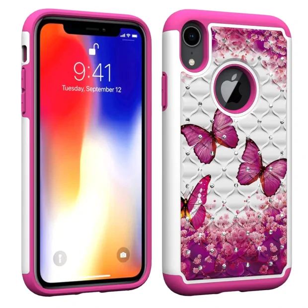 Husa iPhone XR Printing Rhinestone - Pink Butterfly