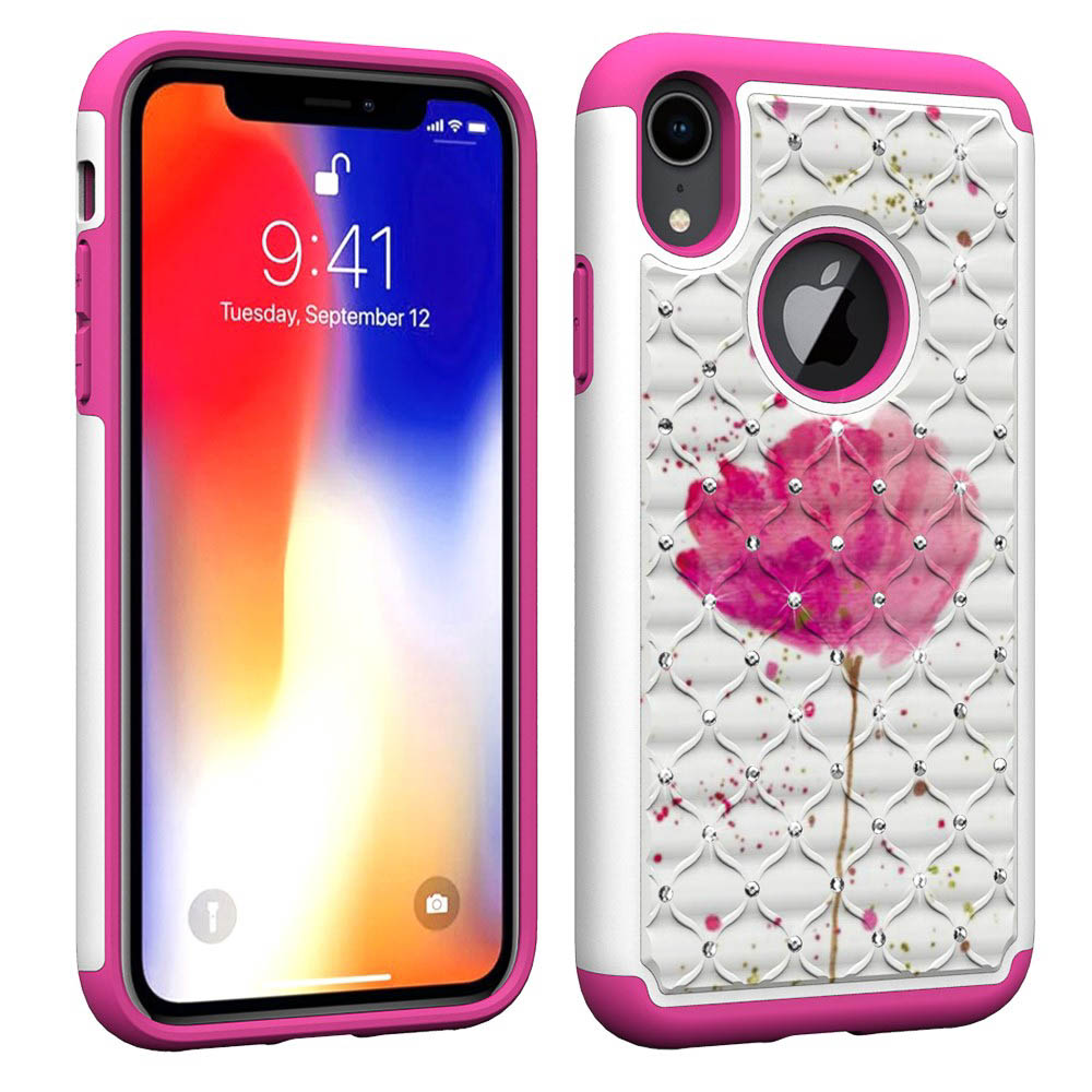 Husa iPhone XR Printing Rhinestone - Pink Flower thumb