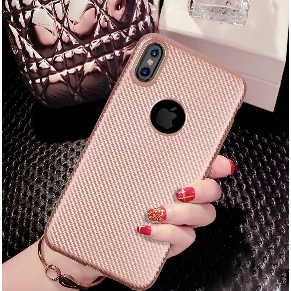 Husa iPhone X/Xs Carbon Fiber Texture Roz Gold thumb