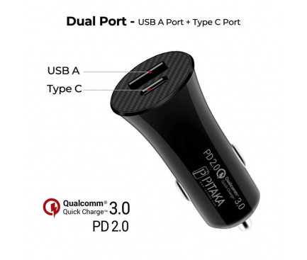 Incarcator Auto Pitaka Smart CA2001 QC 3.0 2XUsb 36W Negru thumb