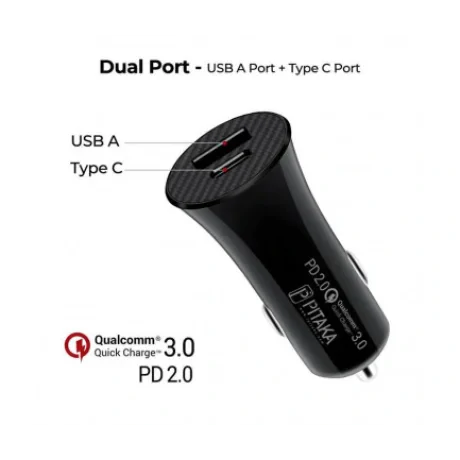 Incarcator Auto Pitaka Smart CA2001 QC 3.0 2XUsb 36W Negru