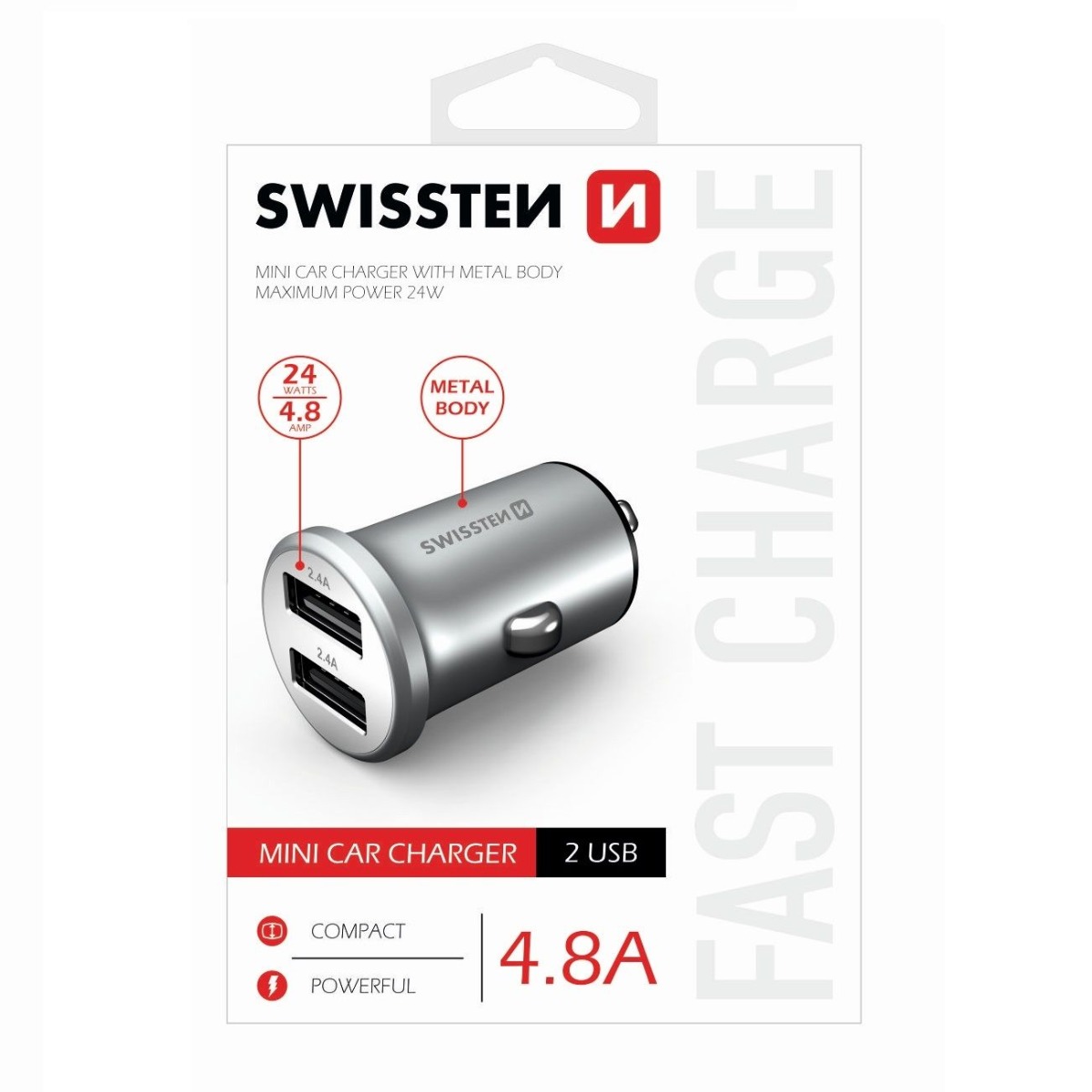 Incarcator Auto Swissten 2xUSB 4.8A Argintiu thumb