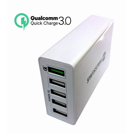 Incarcator Retea cu Incarcare Rapida, Swissten Smart IC 5xUSB 3.0 50W Alb