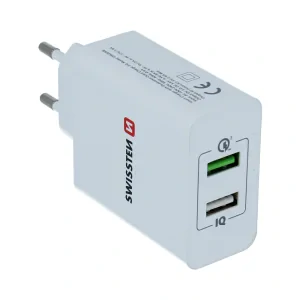 Incarcator Retea Swissten cu Incarcare Rapida, Smart IC 2xUSB  3.0 30W Alb