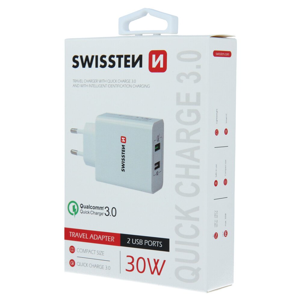 Incarcator Retea Swissten cu Incarcare Rapida, Smart IC 2xUSB  3.0 30W Alb thumb